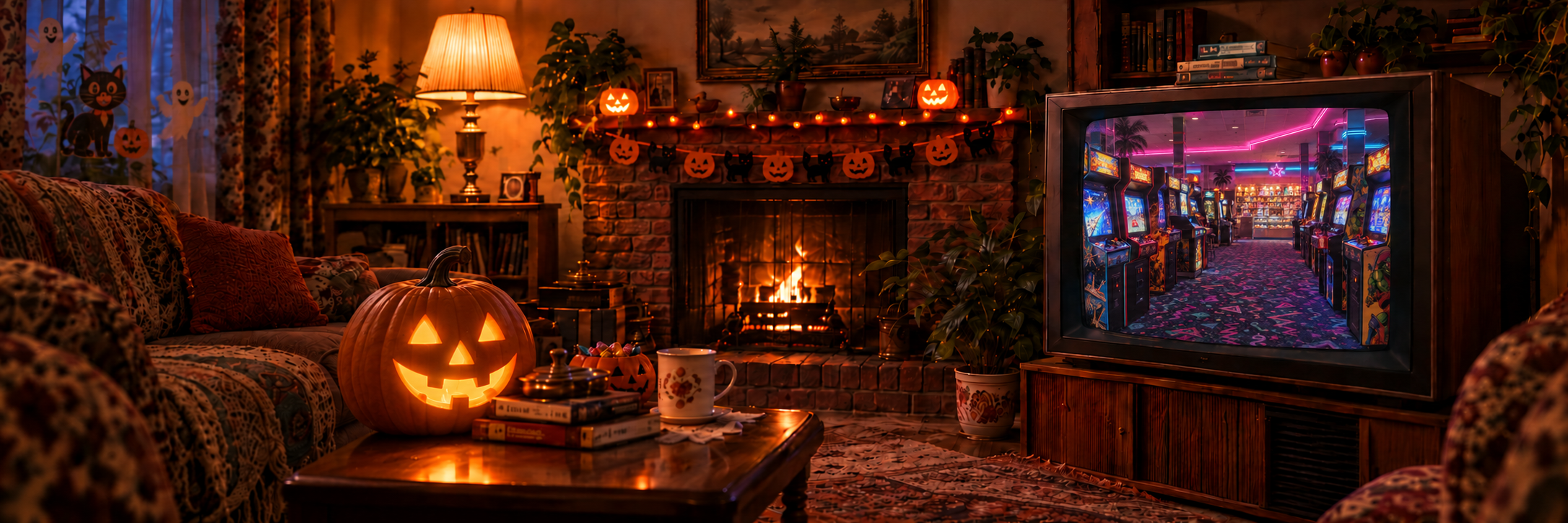 Our cozy vintage room decorated for Halloween with a glowing pumpkin, paper ghosts and orange lights