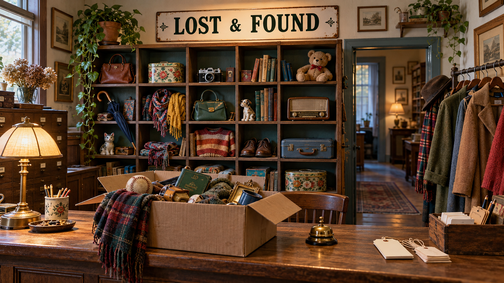 A vintage Lost and Found room with cubbies full of forgotten treasures